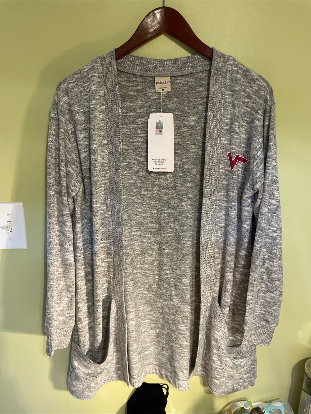 Chicka-D Open-Front Gray Marled Cardigan with Embroidered Accent VA Tech NWT